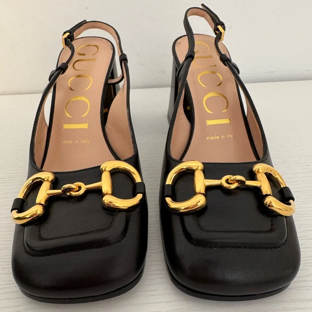 GUCCI Baby Horsebit Slingback Leather Pump Black Gold EU 36 Authentic Shoes - Picture 4 of 11